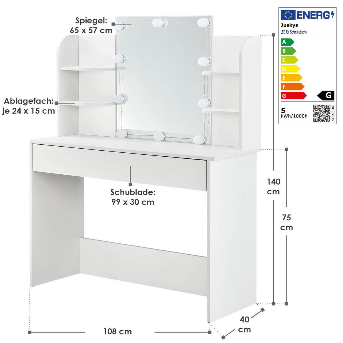 SCHMINKTISCH Bella mit LED Beleuchtung - Weiß, Holz (40/140/108cm) - Juskys