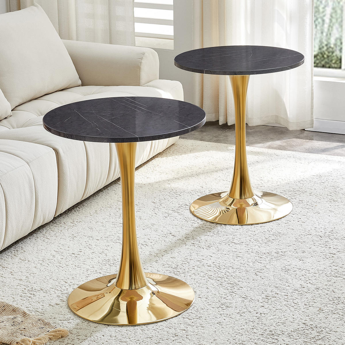 BEISTELLTISCH aus MDF und Metall 60x60x72 cm Schwarz/Gold in Marmoroptik mit runder Tischplatte und stabilem Stand - Schwarz, Holzwerkstoff (60/60/72cm) - Modfu