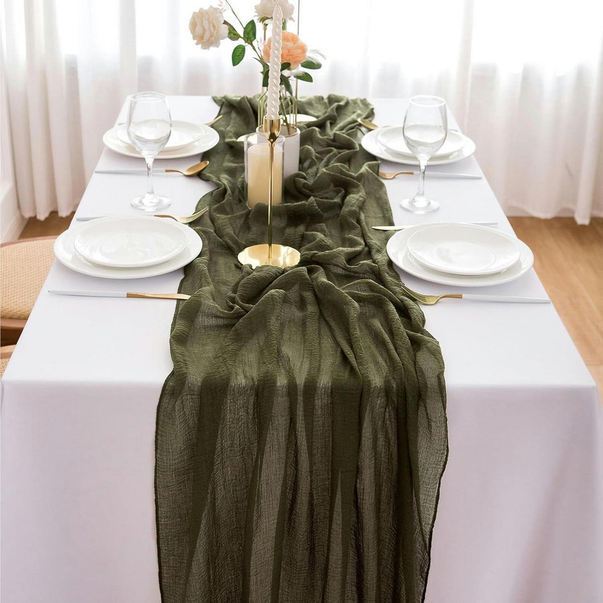 TISCHLÄUFER Musselin Olivgrün 80 x 400 cm - Olivgrün, Textil (400/80/1.5cm)