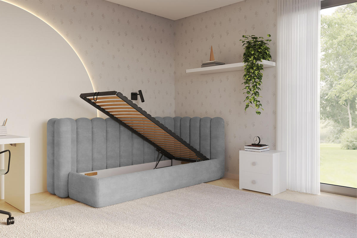 EINZELLBETT Jugendbett mit Bettkasten und Matratze H3/H4, Links - HUGY 100x200 Grau - Hellgrau, Holzwerkstoff/Textil (100/200cm) - ALTDECOR