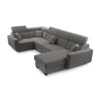 WOHNLANDSCHAFT CASTELLO Grau Plüsch-Stoff mit Schlaffunktion - Grau, Holz (337/97/184cm) - MASSENO