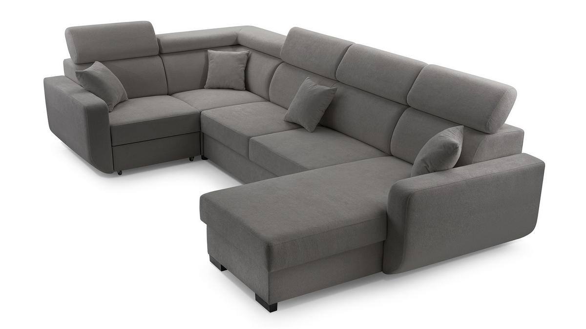 WOHNLANDSCHAFT CASTELLO Grau Plüsch-Stoff mit Schlaffunktion - Grau, Holz (337/97/184cm) - MASSENO