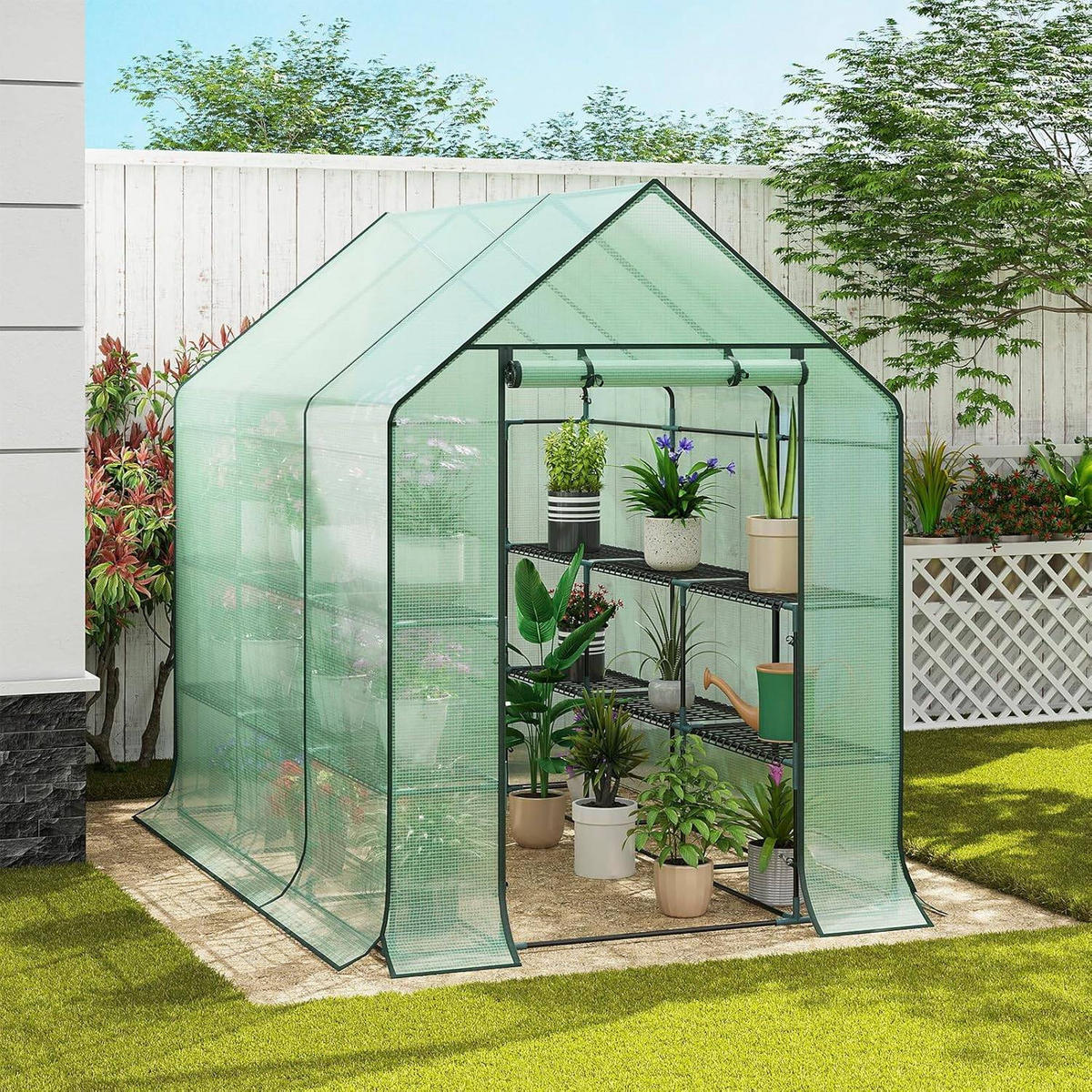 FOLIENGEWÄCHSHAUS, für Frühbeet Gemüse Blumen, 143 x 195 x 215 cm - Grün, Textil/Metall (143/195/215cm) - Woltu