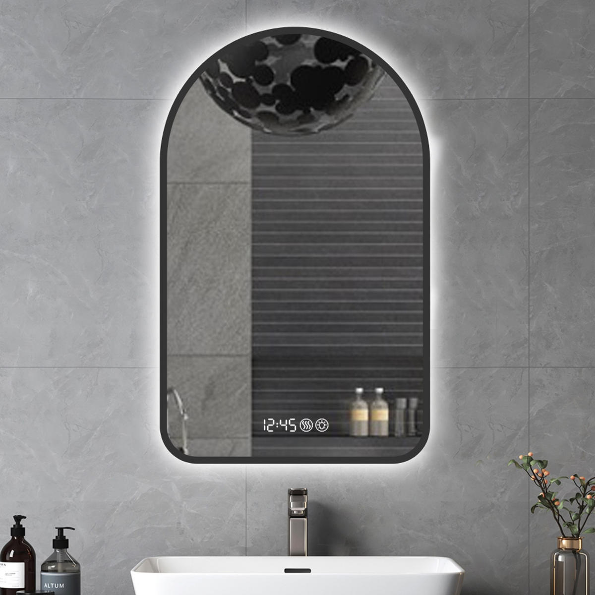 LED Badezimmerspiegel 120x70x3cm Schwarz-Silber,dimmbar,3 Farben,mit Entspiegelung & Temperatur-Anzeige - Silberfarben, Glas (3/120/70cm) - Modfu