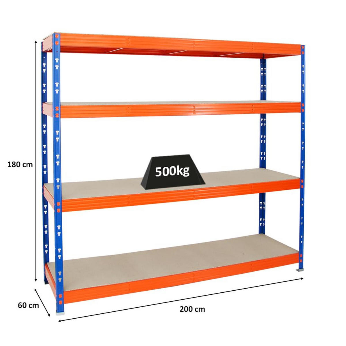 SCHWERLASTREGAL Rhino 180x200x60 cm 4 Spanplatten-Ebenen 8mm Fachlast 500 kg Blau/Orange - Blau/Orange, Metall (200/180/60cm) - PROREGAL