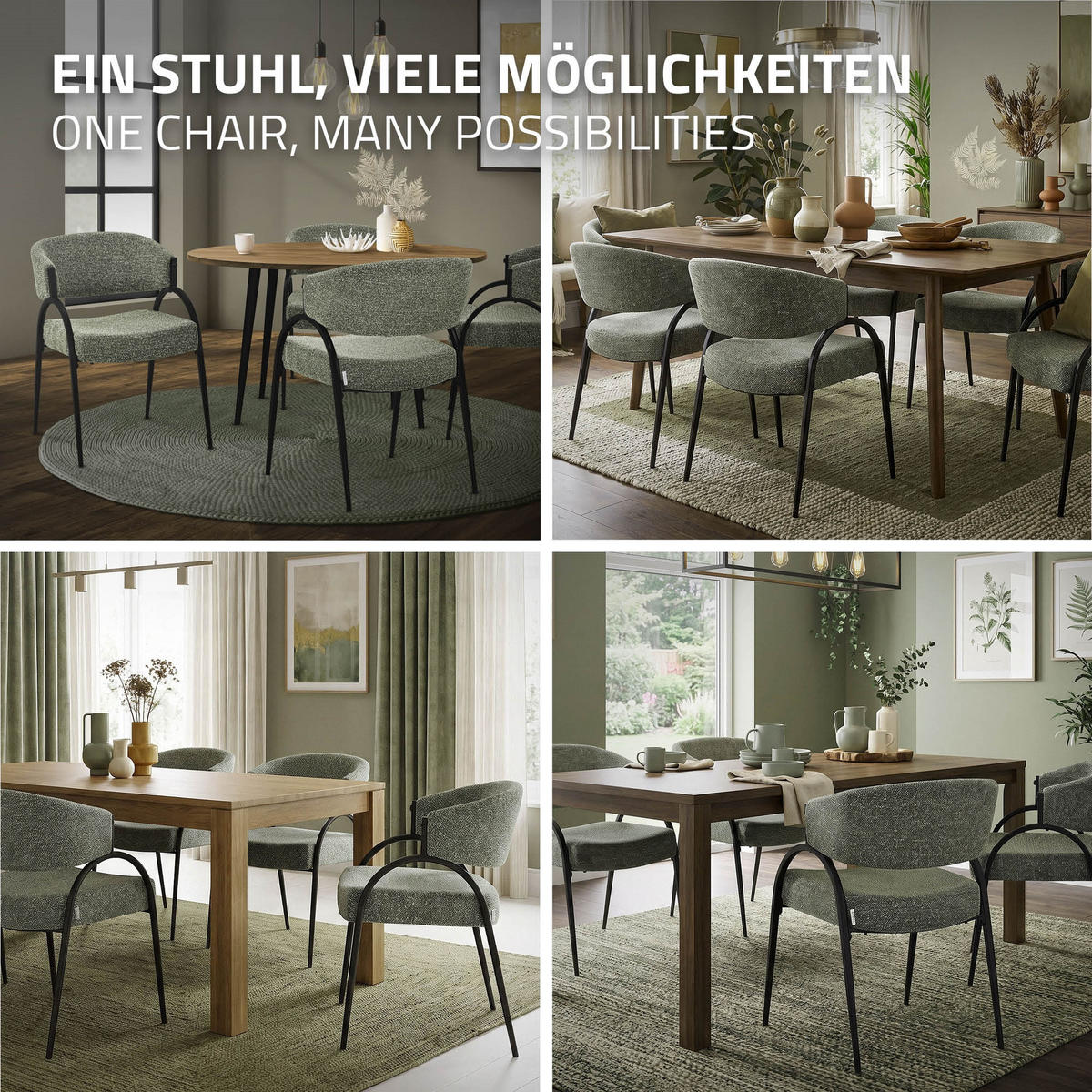 ESSZIMMERSTUHL 2er Set Küchenstühle gepolstert mit Webstoff-Bezug und Arm- und Rückenlehne Grün - Schwarz/Grün, Textil/Metall (54/81/65cm) - ML-DESIGN