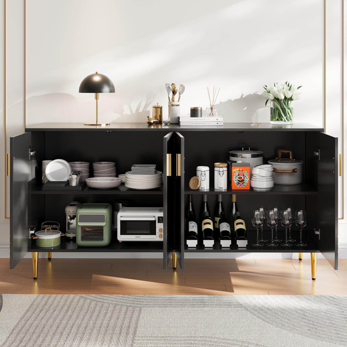 SIDEBOARD in Schwarz Anrichte mit einzigartigem Wellendesign und goldenen Griffen für Wohnzimmer, B152/T40/H75 cm - Goldfarben/Schwarz, Holzwerkstoff/Metall (152/75/40cm) - STILVORA