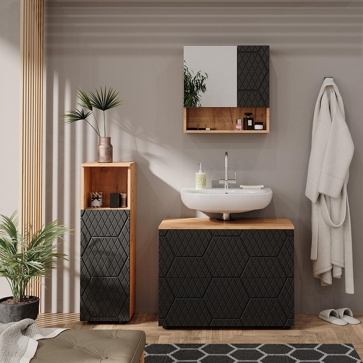 BADMÖBEL-SET Irma Anthrazit gestreift 3 Teile, mit Midischrank - Honigeiche/Anthrazit, Holzwerkstoff (80/58.6/41cm) - Vicco