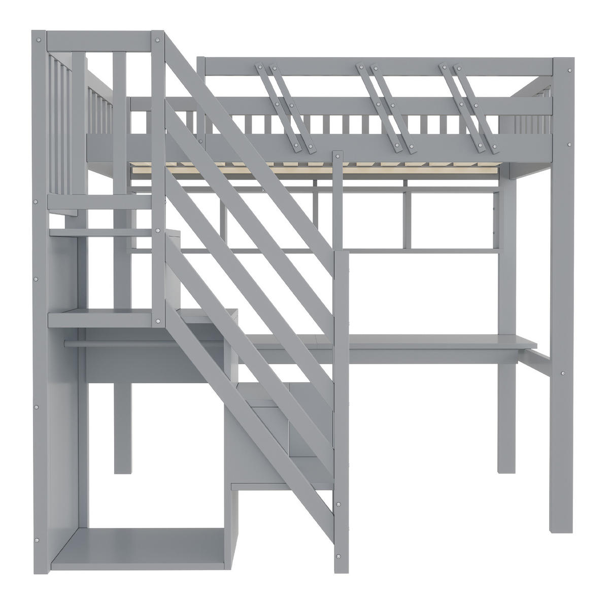 HOCHBETT Holz 90x200 cm Grau mit Schreibtisch, Stauraumtreppe, Regalen, LED und Steckdosen - Grau, Holz (90/200cm) - Modfu