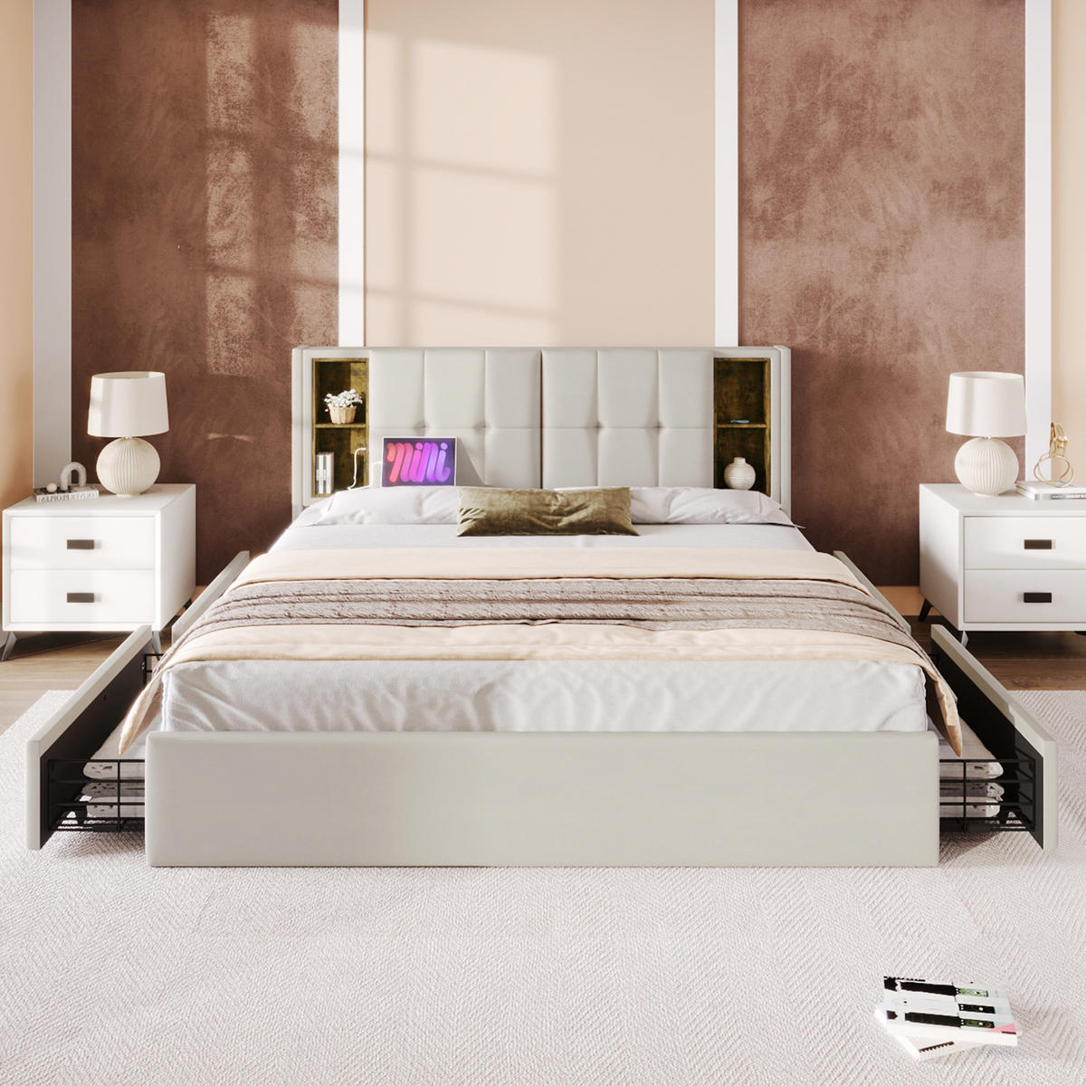 POLSTERBETT 160/200 cm Beiger Samt mit Kabellosem Laden und 4 Schubladen - Beige, Textil (160/200cm) - OKWISH