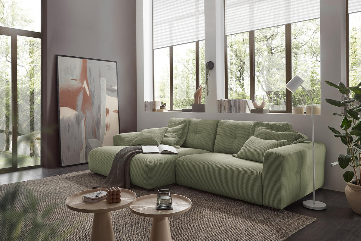 ECKSOFA XL MIKA Grün Cord - Schwarz/Olivgrün, Kunststoff/Textil (296/167cm) - KAWOLA