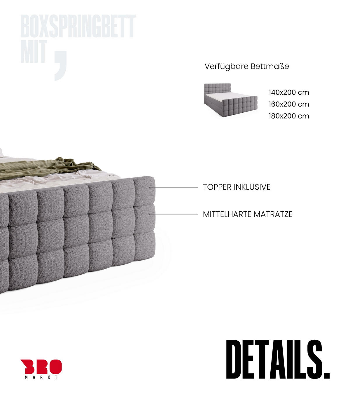 BOXBETT Dakota Duo mit Topper 140/200 Grau - Hellgrau, Holz/Textil (140/200cm) - Bromarkt