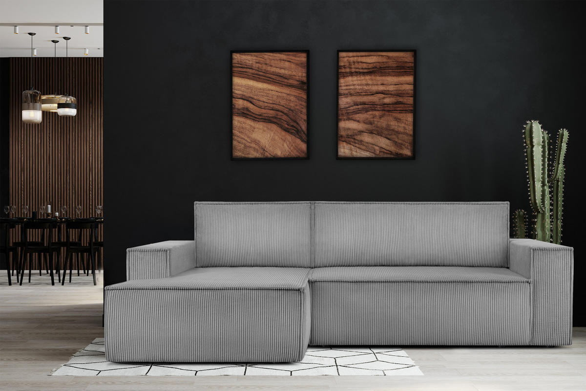 ECKSCHLAFSOFA-LINKS NAPI in Pet Friendly Cord-Stoff, hellgrau - Hellgrau/Schwarz, Textil (262/148cm) - KONSIMO®