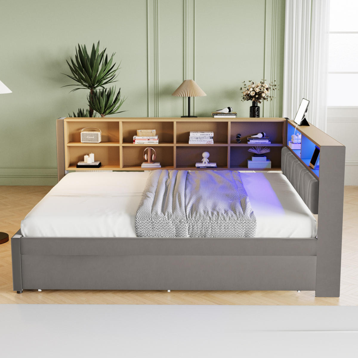 BETT mit Ausziehbett 140/200 cm und LED-Beleuchtung Dunkelgrau Flanell - Dunkelgrau, Textil (140/200cm) - OKWISH