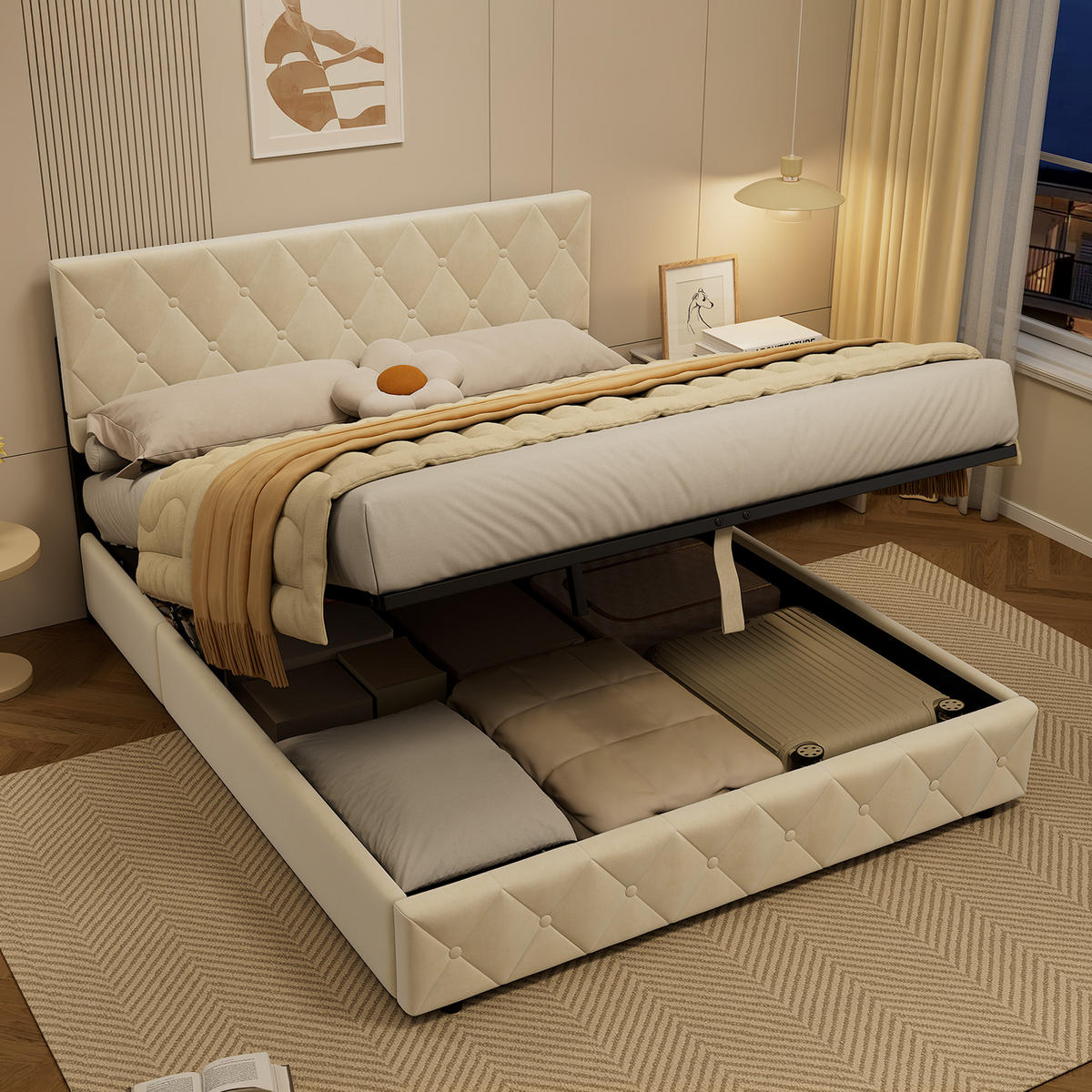 POLSTERBETT 160/200 cm mit Matratze und Bettkasten in Beige aus Samtstoff Bettgestell mit Metallrahmen - Beige/Grau, Holzwerkstoff/Textil (160/200cm) - STILVORA