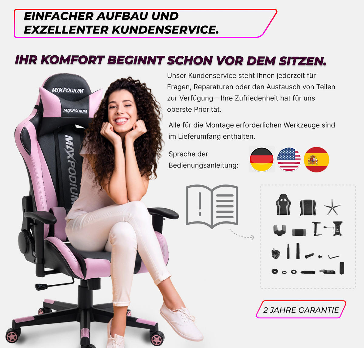GAMING-BÜROSTUHL TACTICAL Schwarz Rosa - Pink/Schwarz, Kunststoff/Metall (55/137/50cm) - MaxPodium