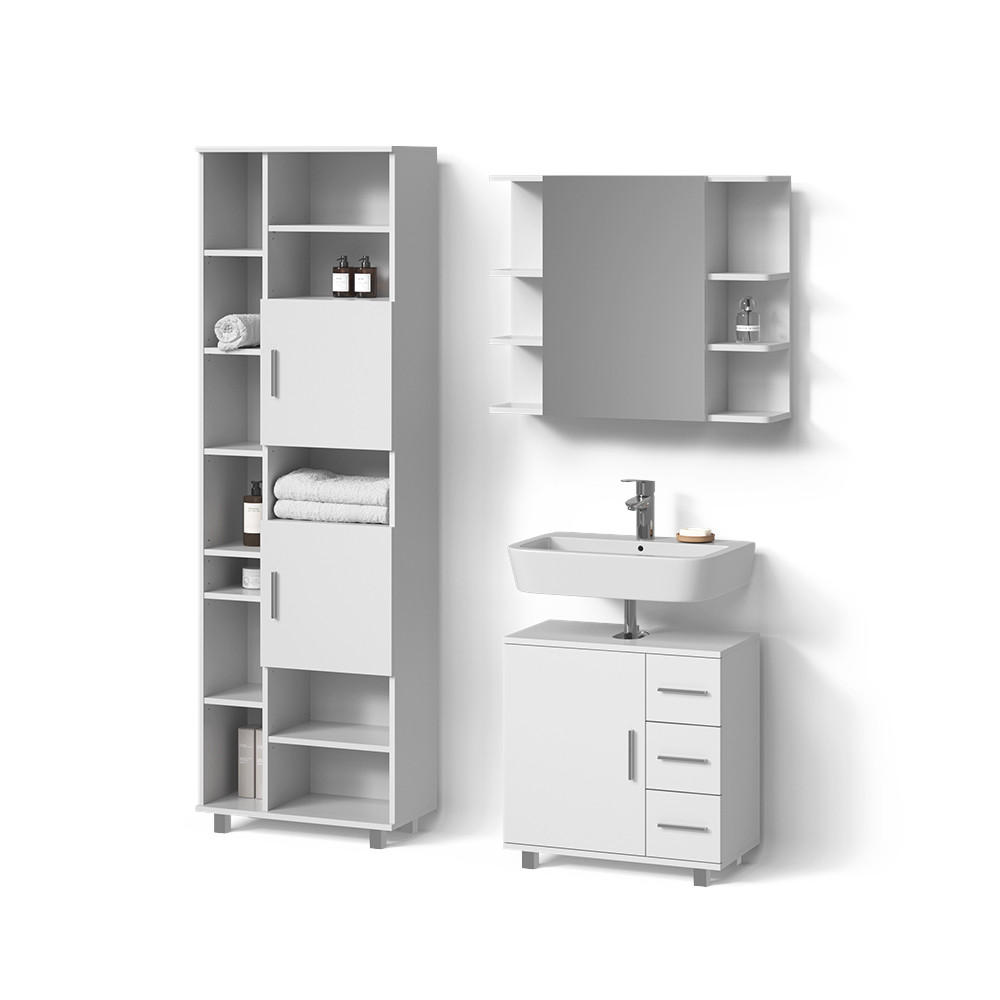 BADMÖBEL-SET Eisak Weiß 3 Teile, mit Hochschrank - Weiß, Holzwerkstoff (60/60/33cm) - Livinity®