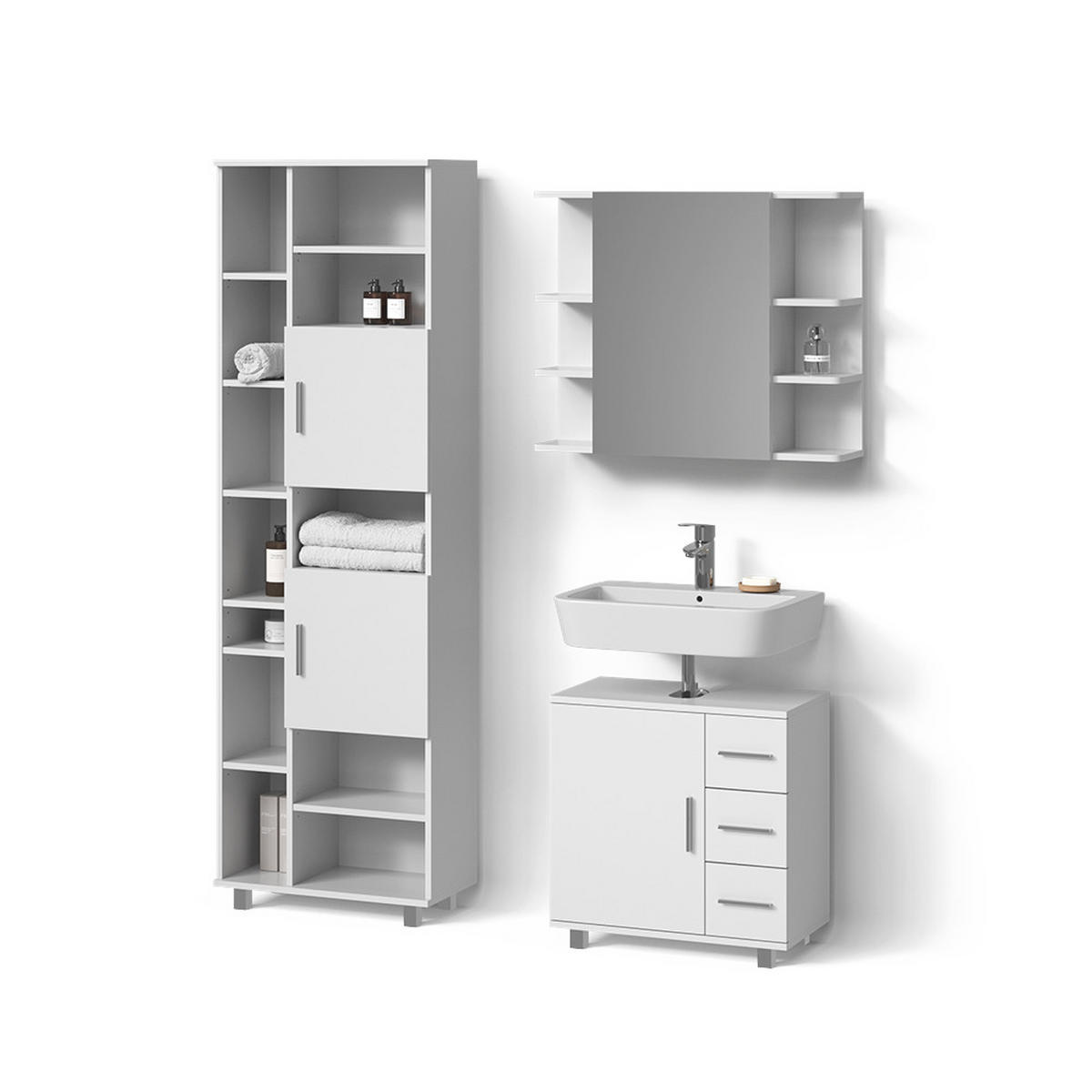 BADMÖBEL-SET Eisak Weiß 3 Teile, mit Hochschrank - Weiß, Holzwerkstoff (60/60/33cm) - Livinity®