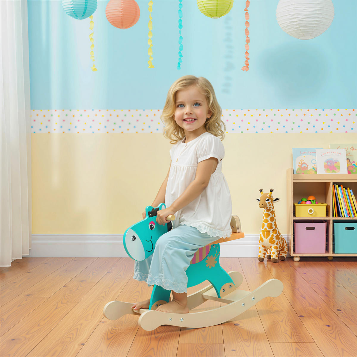 SCHAUKELTIER Esel Baby Schaukelspielzeug mit Haltegriffen Schaukel Blaugrün - Dunkelgrün, Holzwerkstoff (27/43/59cm) - AIYAPLAY