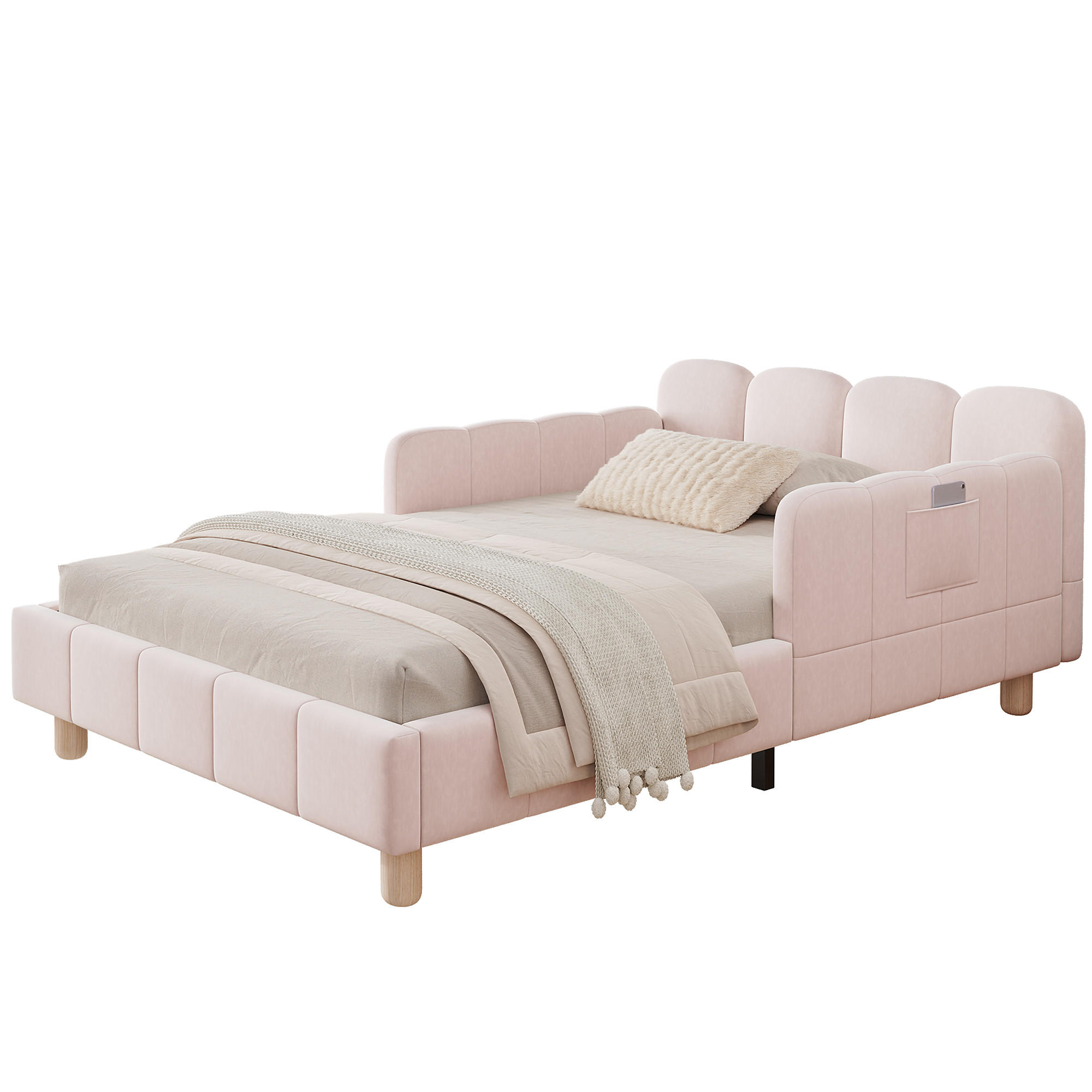 KINDERBETT 90/200 cm in Pink Samt mit Taschen und Armlehnen - Rosa/Naturfarben, Holzwerkstoff/Textil (90/200cm) - STILVORA