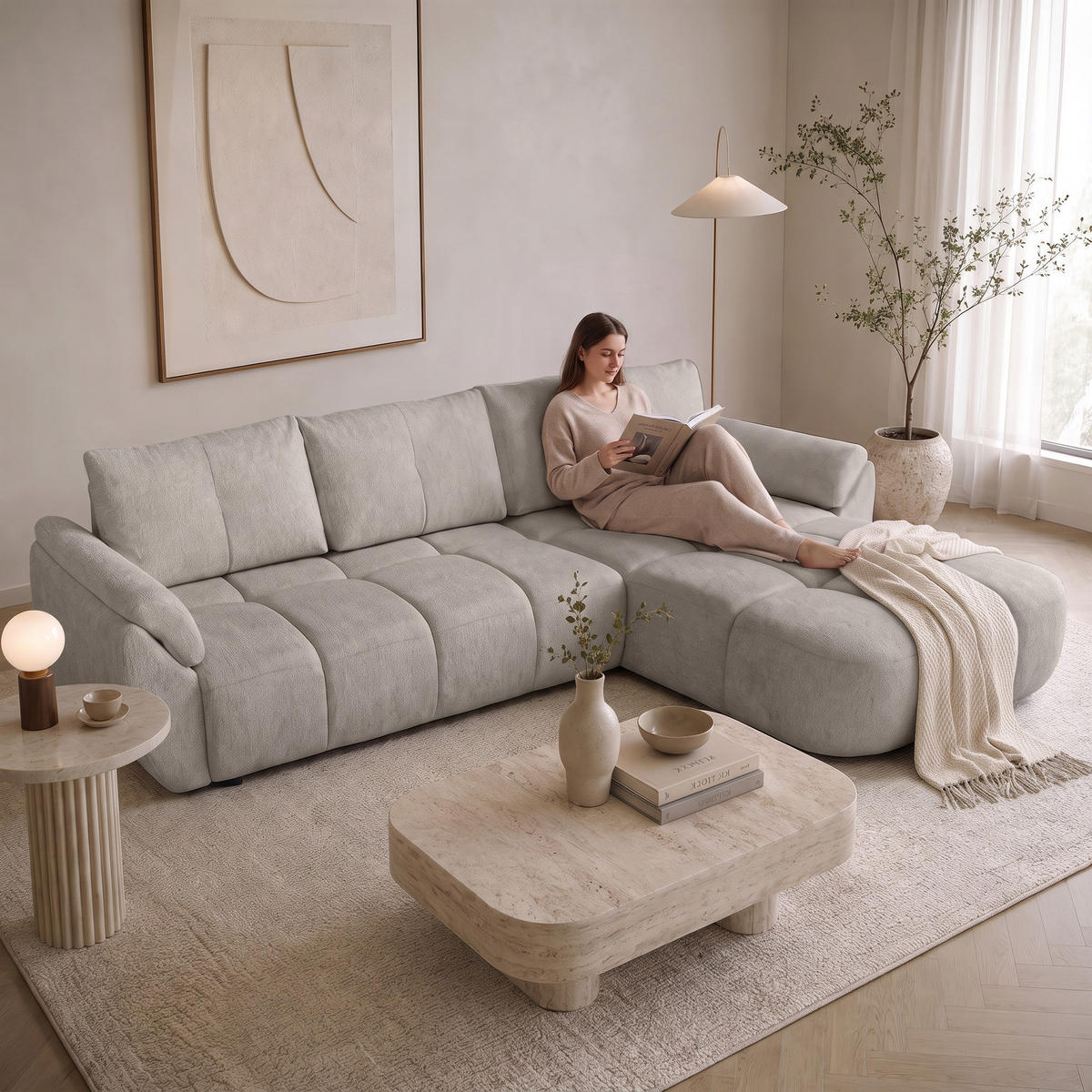 ECKSOFA Massimo, universelle Eckschlafsofa 280 cm mit Schlaffunktion und Bettkasten, Beige - Beige, Textil (283/204cm) - Beautysofa