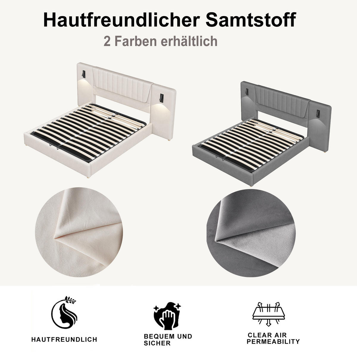 POLSTERBETT 180/200 cm in Grau Samt mit Bettkasten, Leselampen und USB - Grau, Holzwerkstoff/Textil (180/200cm) - WISHDOR