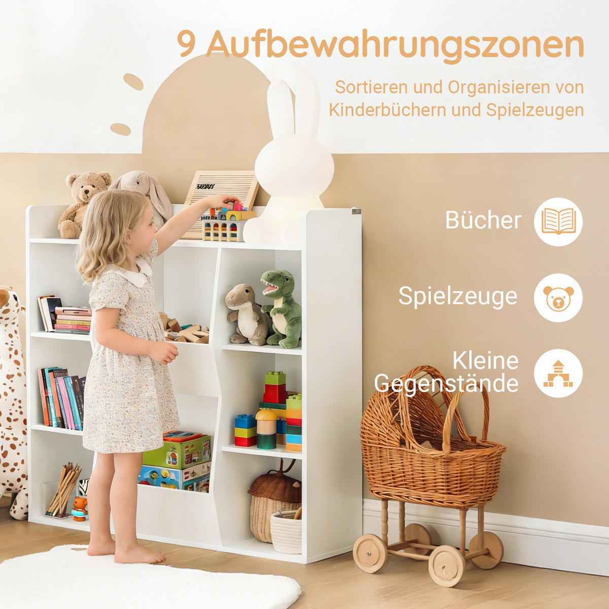 KINDERREGAL Montessori mit 8 Fächern, 106 x 104 x 30 cm, Weiß, Bücherregal, oberes Ablagefach, Kippschutz - Weiß, Holzwerkstoff (106/104/30cm) - SoBuy