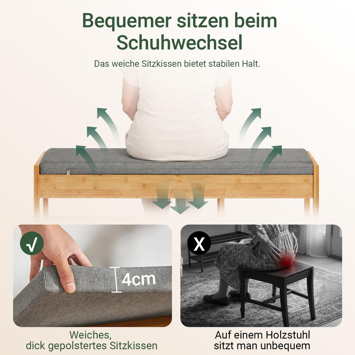 BANCĂ cu pernă și rafturi pentru încălțăminte din bambus - culoare naturală, lemn (90/45/30cm) - SoBuy