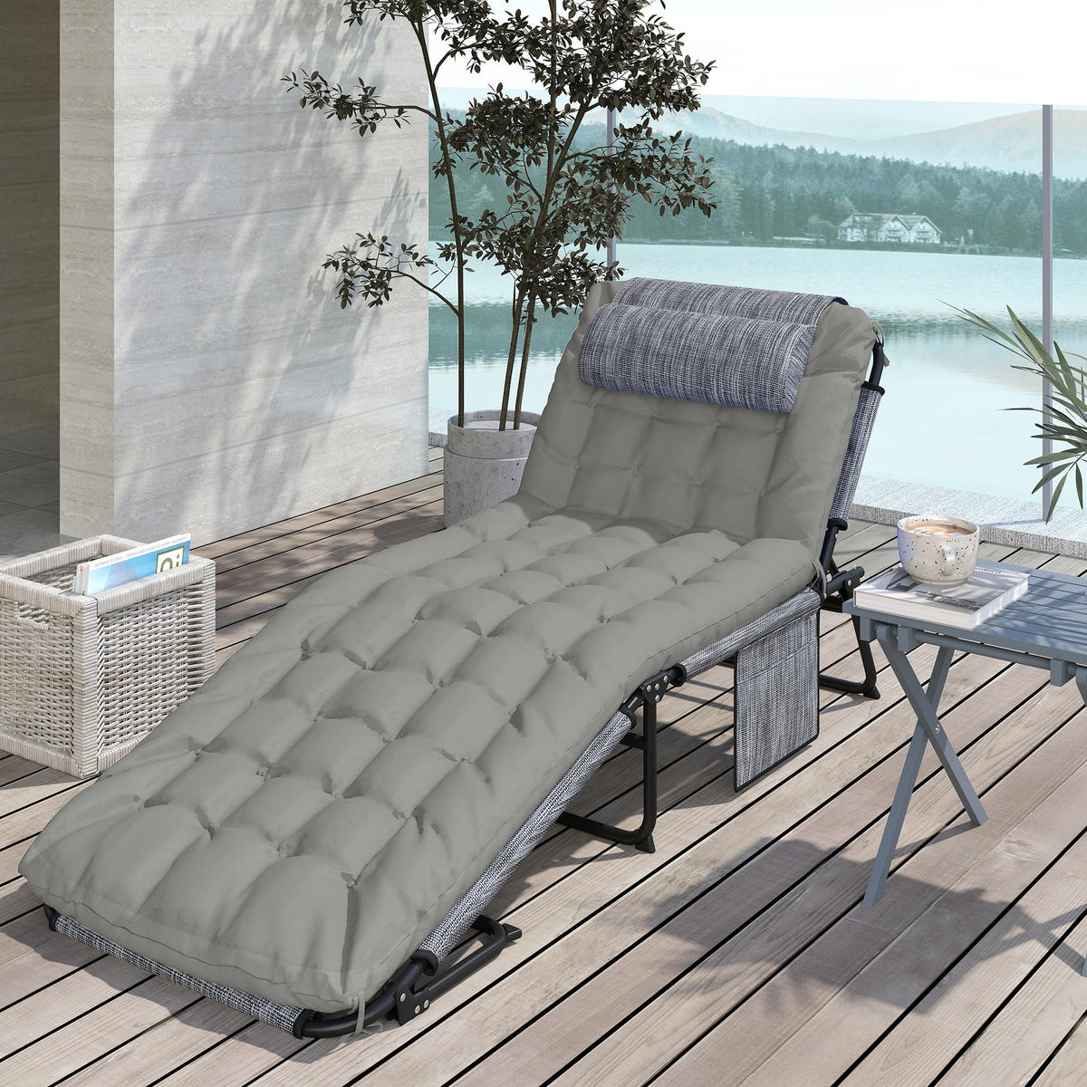CAMPINGLIEGE, Klappbett mit Kopfkissen, verstellbarem Rückenlehne, Stahl, Grau - Grau, Textil/Metall (189/30/68cm) - Outsunny