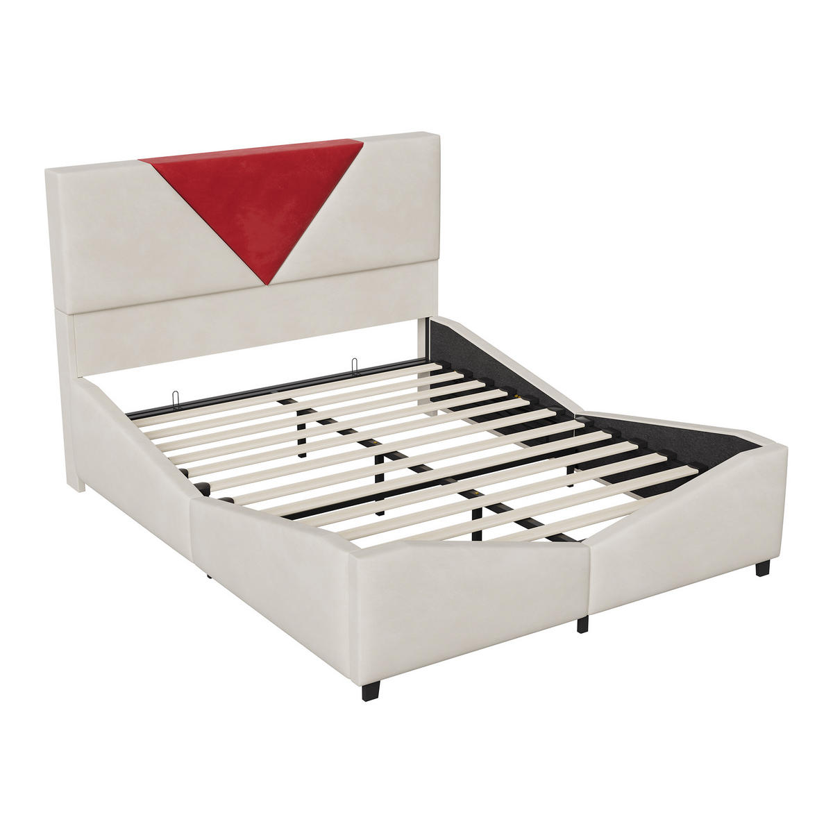 POLSTERBETT 140x200 cm - Zweifarbiges Dreiecksdesign in Bordeaux, LED-Kopfteil ajustable, Samtstoff, Moderner und schlichter Stil - Beige - Beige, Holzwerkstoff (140/200cm) - Brevoria