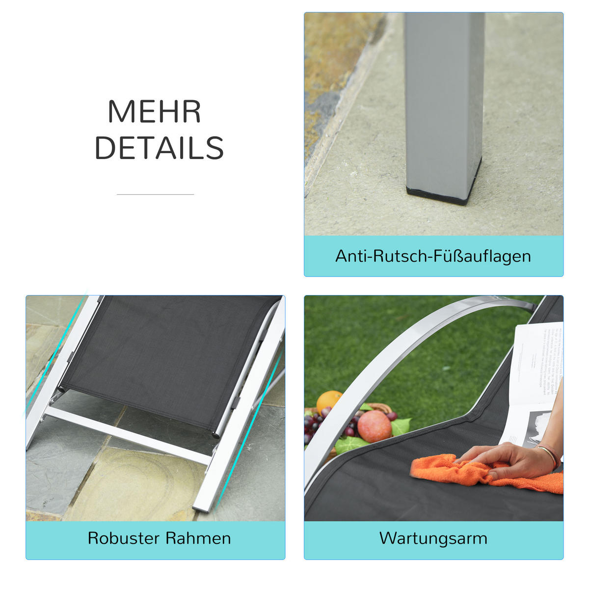 GARTENLIEGE DE-07646 3er-Set mit Tisch, Metallrahmen, atmungsaktiv Schwarz - Schwarz, Metall (169/66/59cm) - ComfortXL