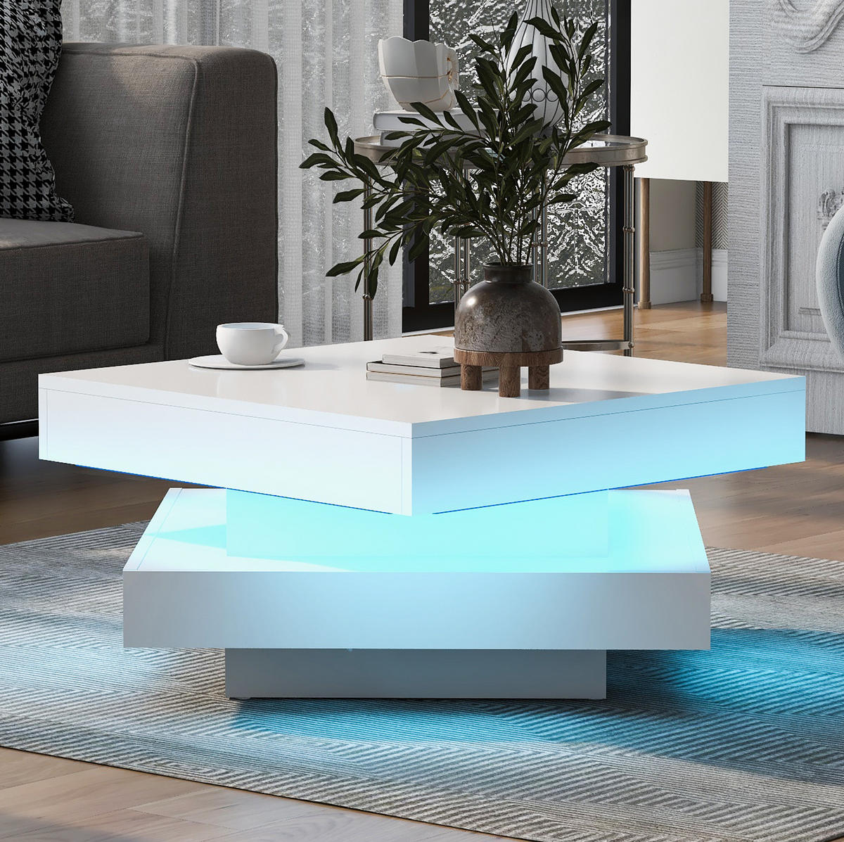 COUCHTISCH mit drehbarer Tischplatte 70x70 cm Hochglanz Weiß mit LED - Weiß, Holzwerkstoff (70/70/36cm) - Meubliv