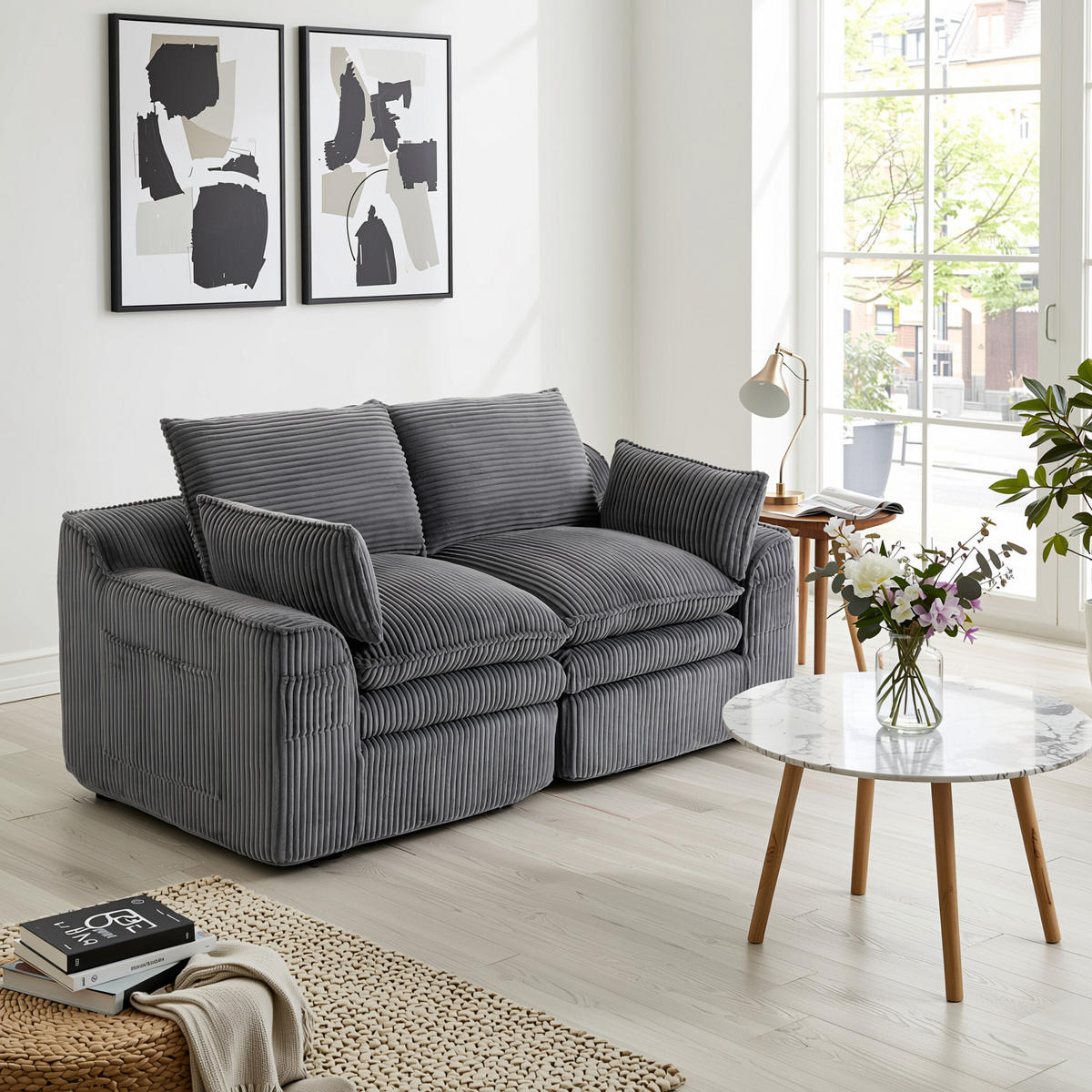 2-SITZER SOFA cordstoff mit seitentaschen & federkern - Dunkelgrau, Textil (191/85/94cm) - Urban Meuble