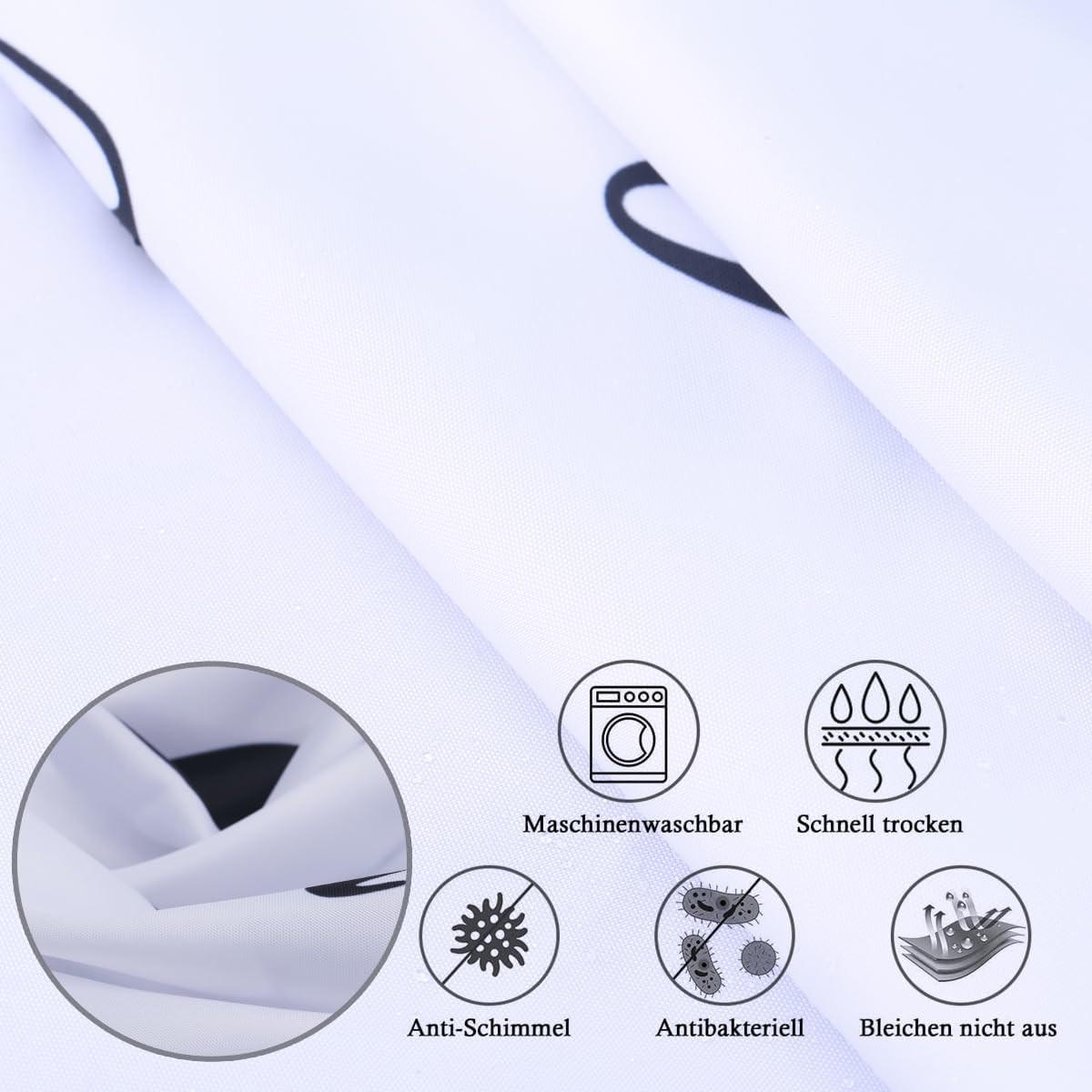 DUSCHVORHANG Schwarz Polyester mit Haken - Weiß, Textil (200/180cm) - MCBOSON