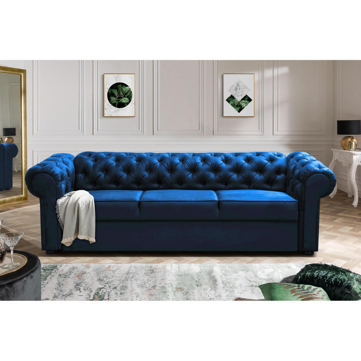 SCHLAFSOFA Chester 3-Sitzer, im Chesterfield-Stil, Dunkelblau - Wengefarben/Dunkelblau, Textil (252/82/92cm) - Beautysofa