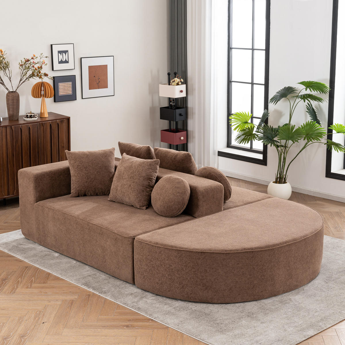 WOHNLANDSCHAFT Chenille Braun mit Kissen - Braun, Textil (263/66/171cm) - WISHDOR