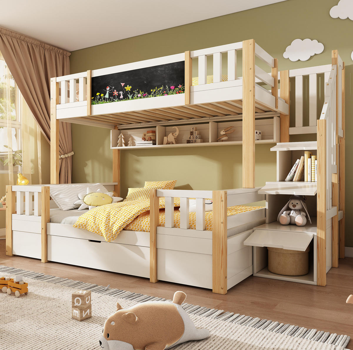ETAGENBETT 90/140x200 cm mit Kreidetafel, Stauraum und Leiter - Weiß, Holzwerkstoff (90/200cm) - OKMYHOME