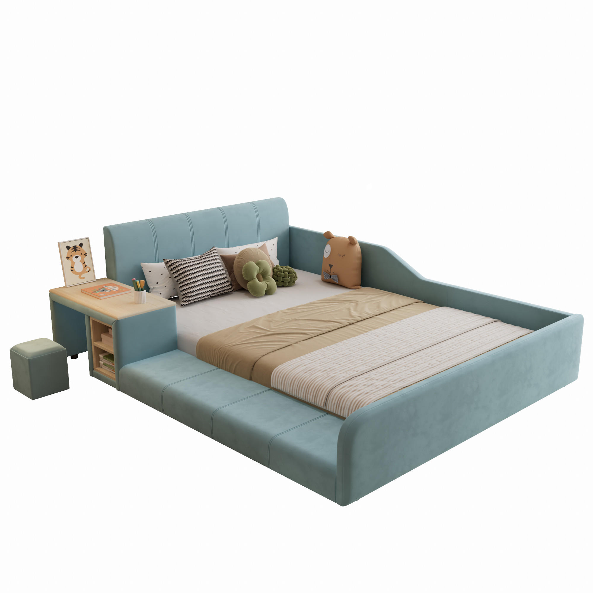 POLSTERBETT 140/200 cm in Blau & Natur mit Schreibtisch, Hocker und Ablageboden Samt - Blau, Holzwerkstoff/Textil (140/200cm) - CHICFURN