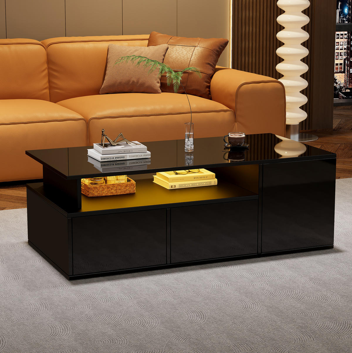 COUCHTISCH aus Spanplatte 100x50x35 cm Schwarz mit LED-Beleuchtung und 2 Schubladen - Schwarz, Holzwerkstoff (100/50/35cm) - IVMEU