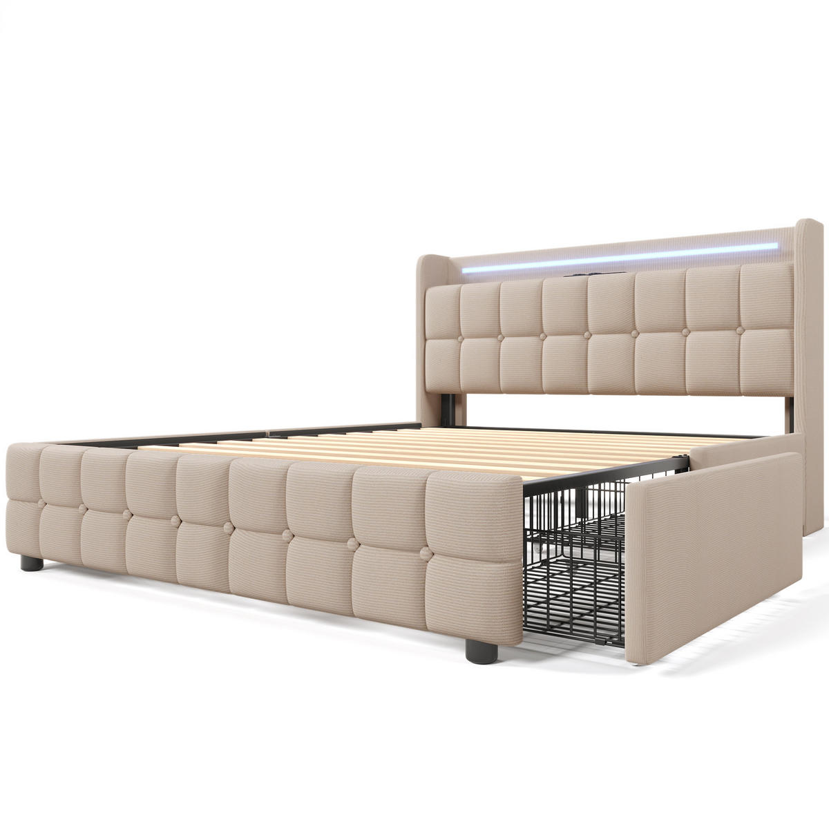 POLSTERBETT 140/200 cm mit Matratze,LED-Beleuchtung, USB-Anschlüssen, Steckdosen, 4 Schubladen, Beige - Beige, Holz (140/140cm) - Redom