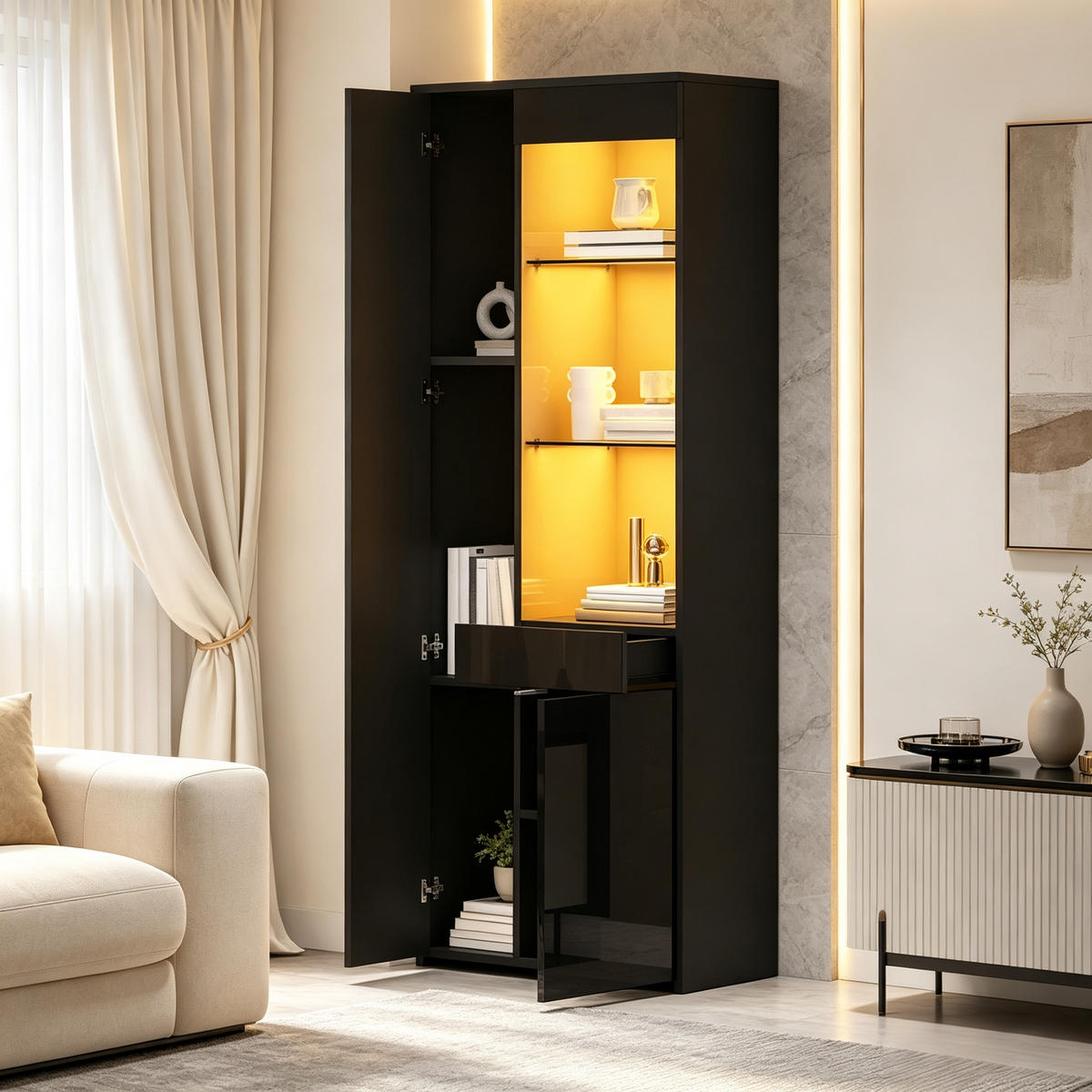 VITRINE 70x35x180 cm Schwarz mit LED und Schubladen - Schwarz, Holzwerkstoff (70/180/35cm) - FLIEKS