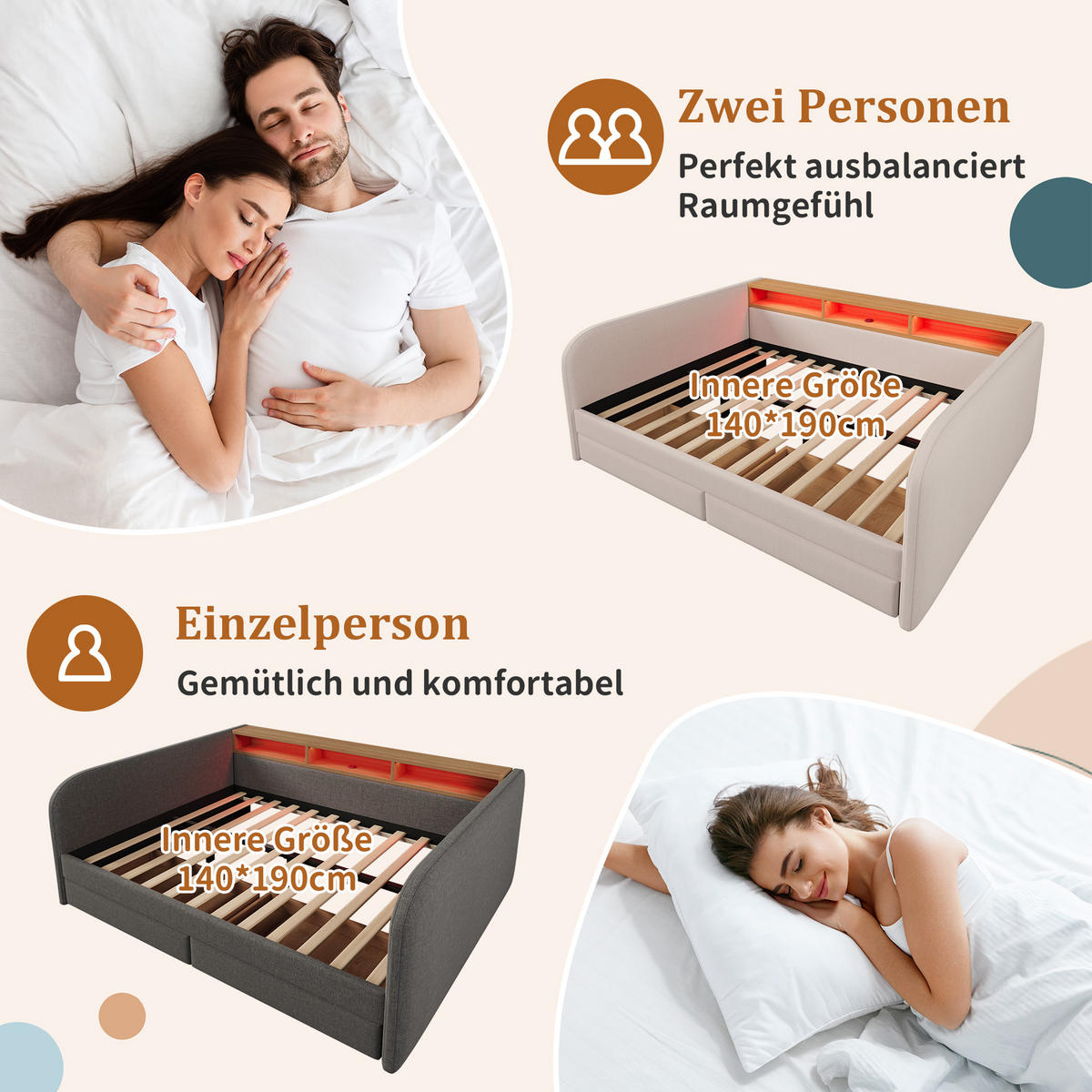 POLSTERBETT 140/190 cm mit LED-Beleuchtung, USB-C, Stauraumkopfteil und 2 Schubladen, Hellbeige - Beige, Textil (140/190cm) - Redom