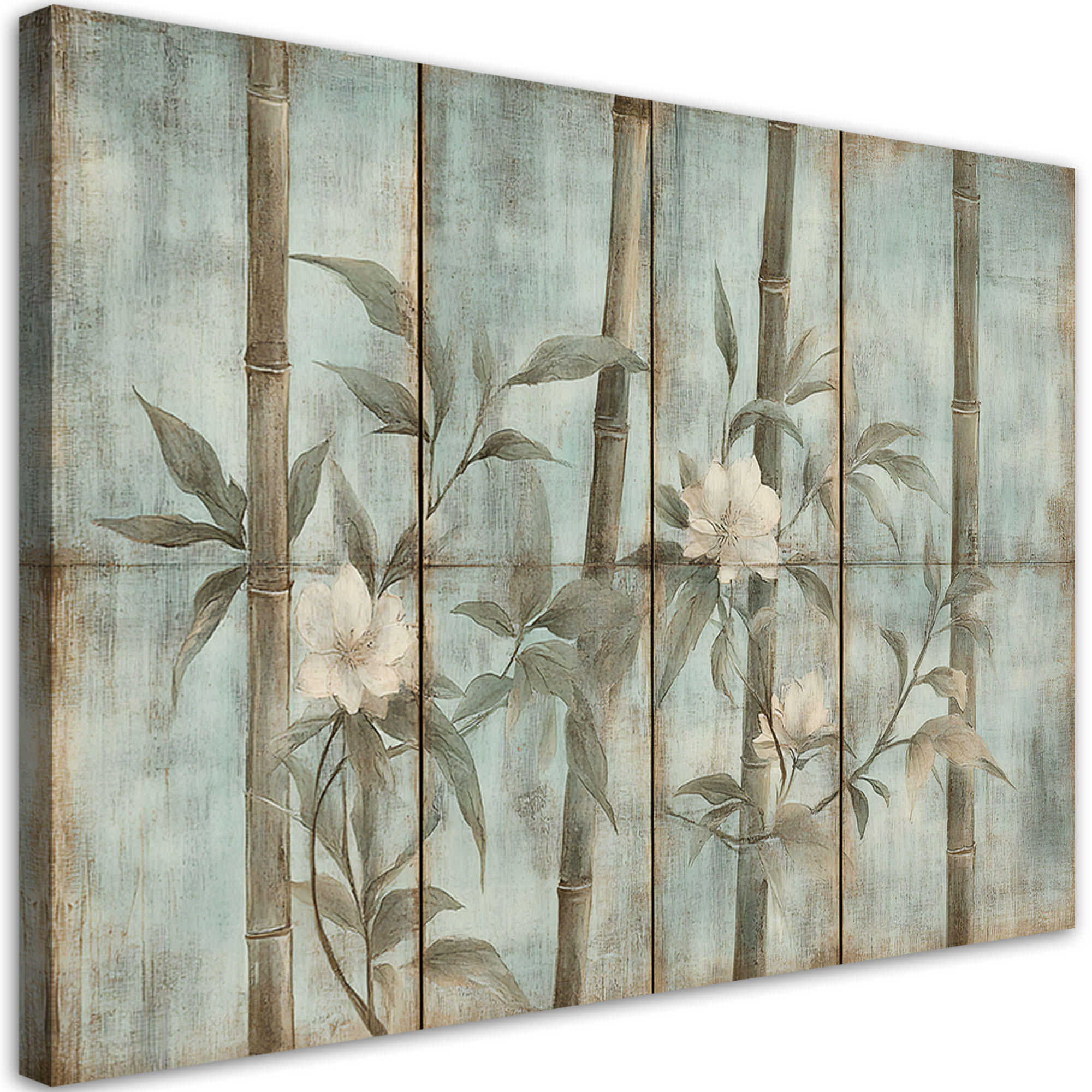 WANDBILD bambussprossen mit blumen auf einem strukturierten hintergrund - Blau, Textil (60/40cm) - Feeby