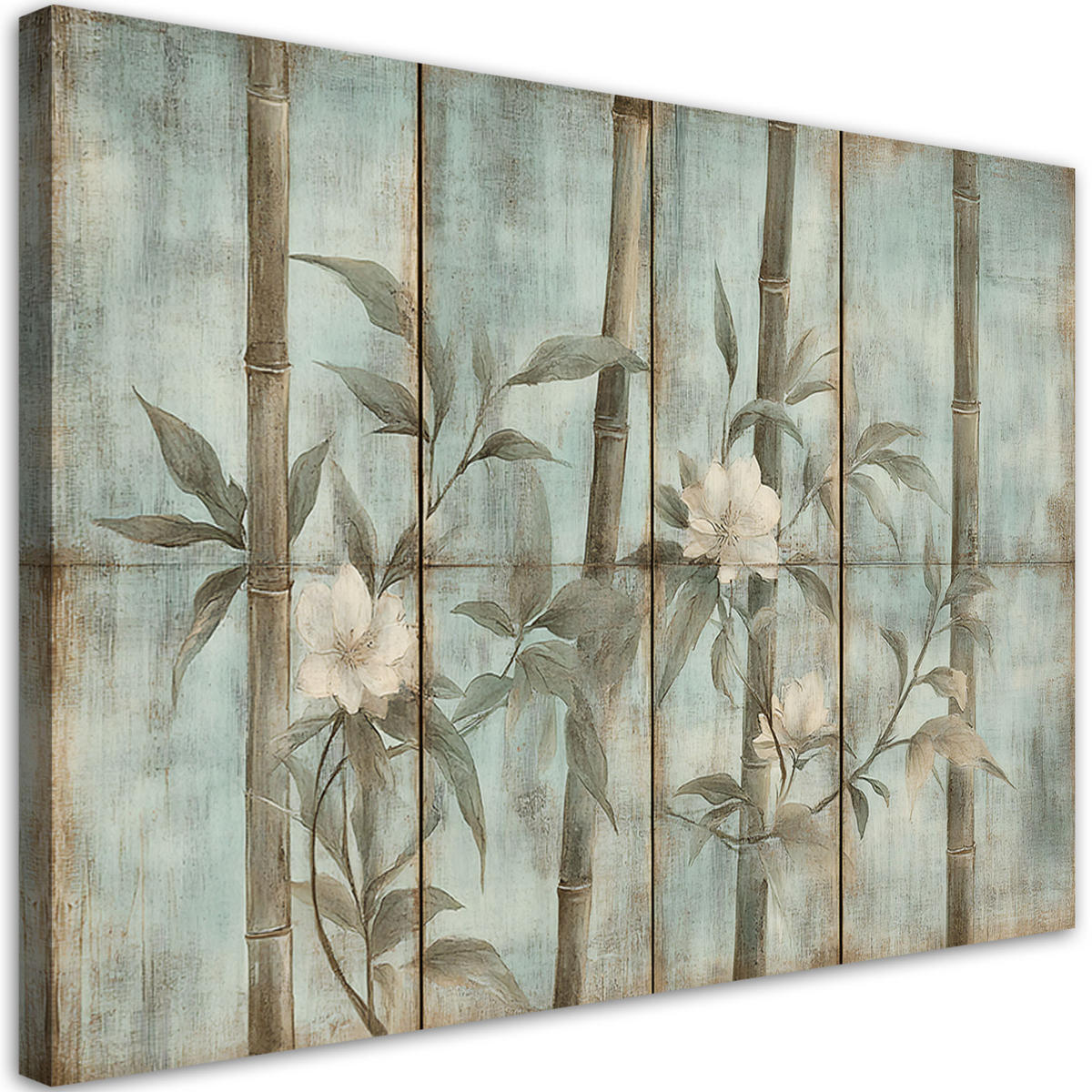 WANDBILD bambussprossen mit blumen auf einem strukturierten hintergrund - Blau, Textil (60/40cm) - Feeby