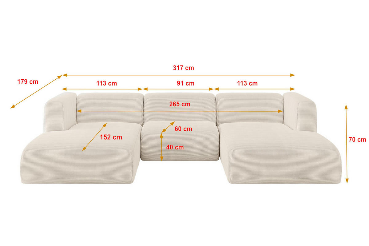WOHNLANDSCHAFT MIRA-U1 317x179x70 Beige Cord - Sandfarben/Beige, Holzwerkstoff/Kunststoff (317/70/179cm) - ALTDECOR