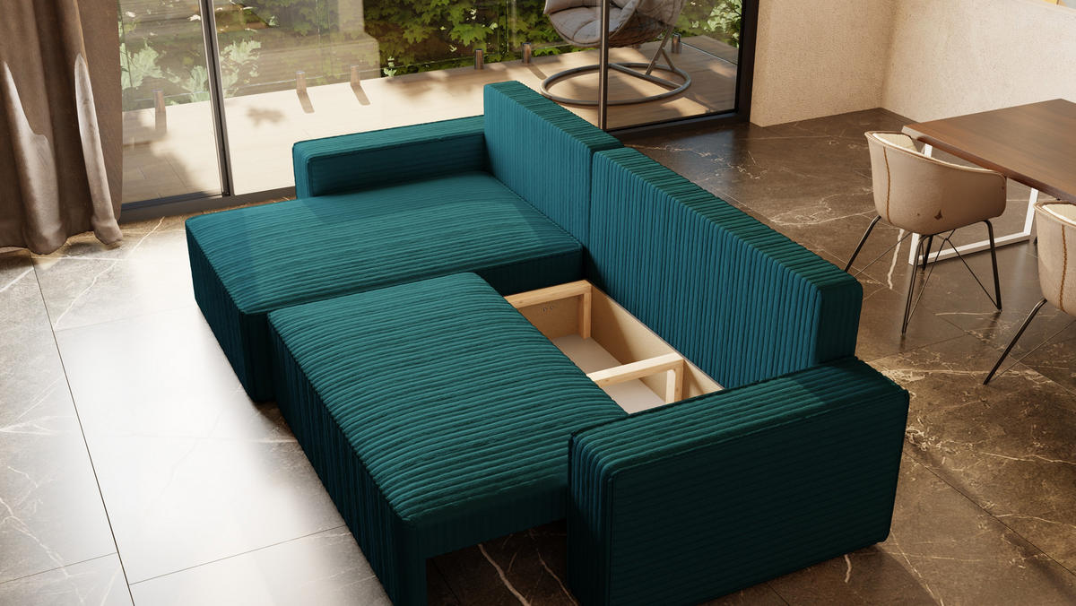 ECKSOFA Tobi mit Bettkasten und Schlaffunktion, L-Form/XL-Form, Cordstoff, Universal - Blau, Holzwerkstoff (276/145cm) - 4ALL HOME