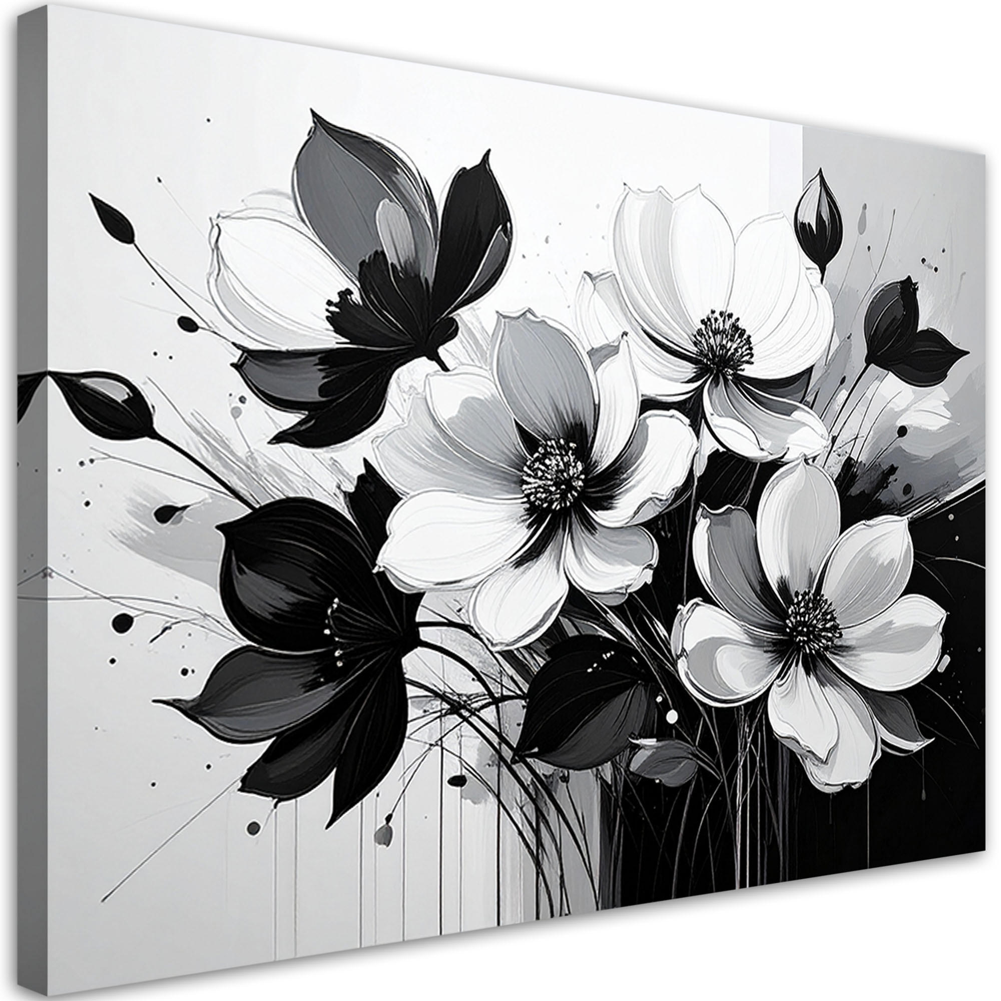 WANDBILD, Schwarz-weiße Blüten - Schwarz, Textil (90/60cm) - Feeby