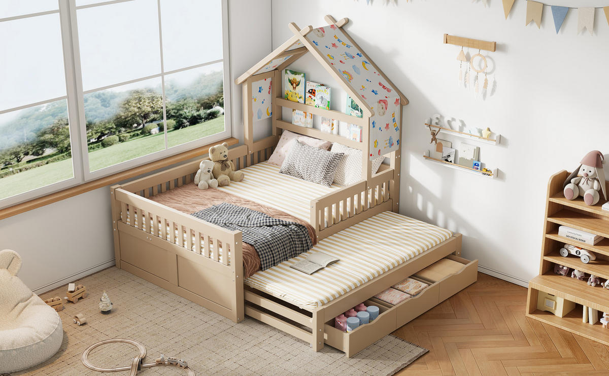 PLATTFORMBETT 140x200 cm in Hausform mit Ausziehbett und drei Schubladen, Schutzgittern, natur - Naturfarben, Holzwerkstoff (140/200cm) - Luhomfu