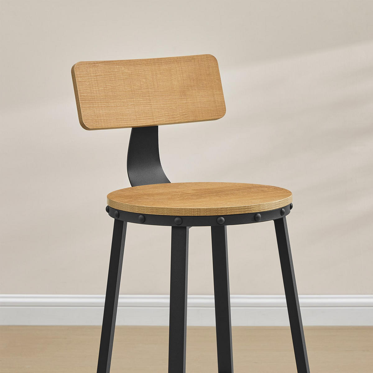 BARHOCKER Holzoptik Metall Honigbraun Schwarz 2er Set mit Rückenlehne 99x54,5x54,5 cm - Schwarz/Honig, Holzwerkstoff/Metall (37/99/55cm) - Begryf