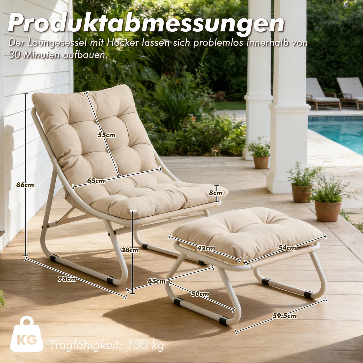 SESSELSET, Relaxsessel mit Hocker,Stahlrahmen,Polyester,Beige - Beige, Metall (78/86/65cm) - LVHOM